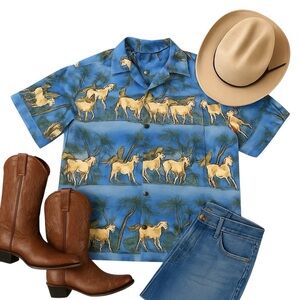 Roper Vintage Western Blue Horse Print Short Sleeve Hawaiian Shirt Men L in EUC
